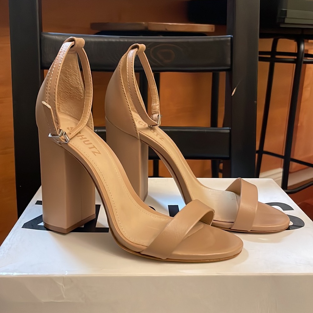 SCHUTZ Nude Block Heel Ankle-Strap Sandals